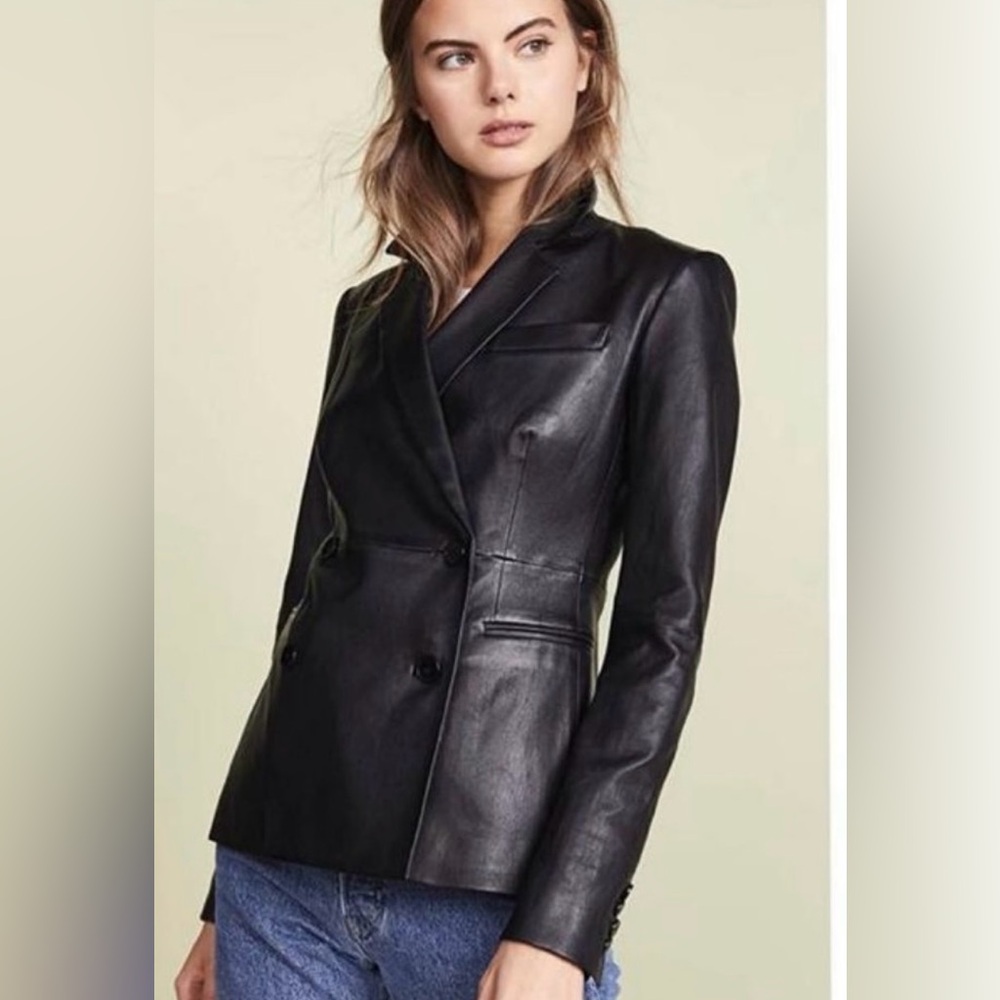 New Theory Bristol Black leather double breasted blazer coat in a 4-Small